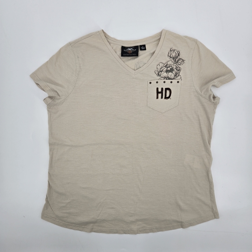 Beige V-Neck Harley Davidson Biker T-Shirt with Floral Pocket Design SZ:XL